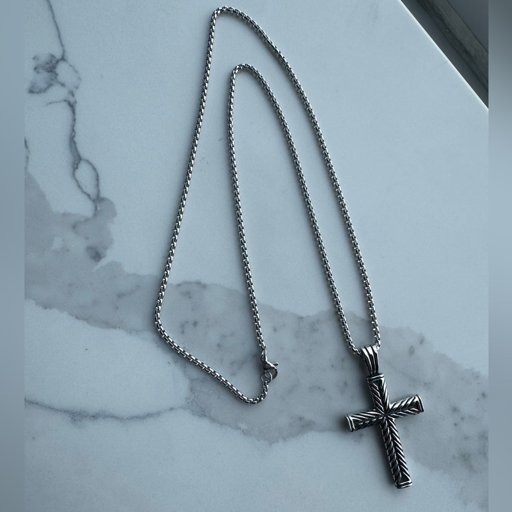 ✝️ 24” Yurman Style Sterling Silver Cable Cross Pendant Necklace Chain New 🔥 - Picture 3 of 3